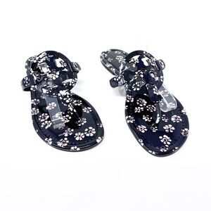 Tory Burch Black Stamped Floral Flowers Patent Leather Miller Sandals Size 10